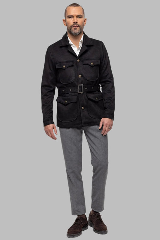 Men's Black Slim Fit Belted Suede Coat
