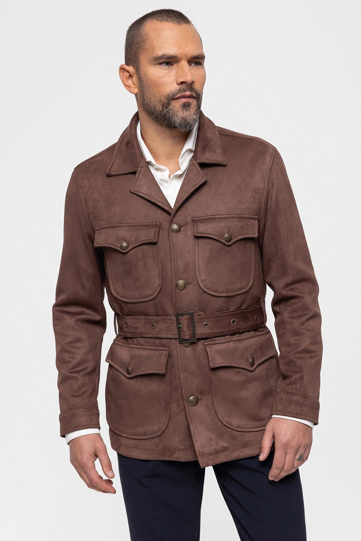 Men's Dark Brown Slim Fit Belted Suede Coat