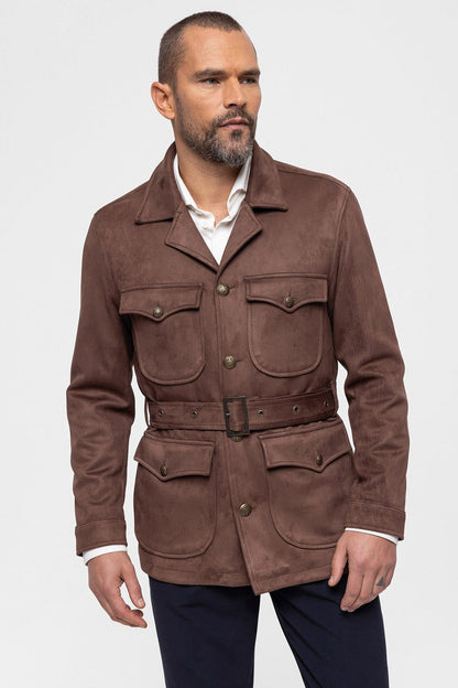 Men's Dark Brown Slim Fit Belted Suede Coat
