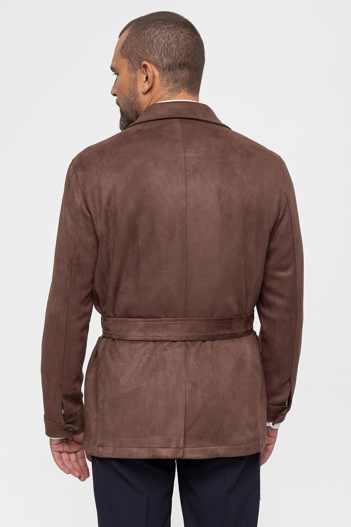 Men's Dark Brown Slim Fit Belted Suede Coat