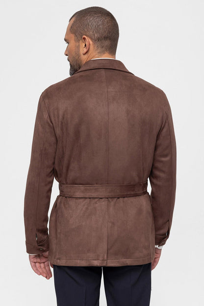 Men's Dark Brown Slim Fit Belted Suede Coat
