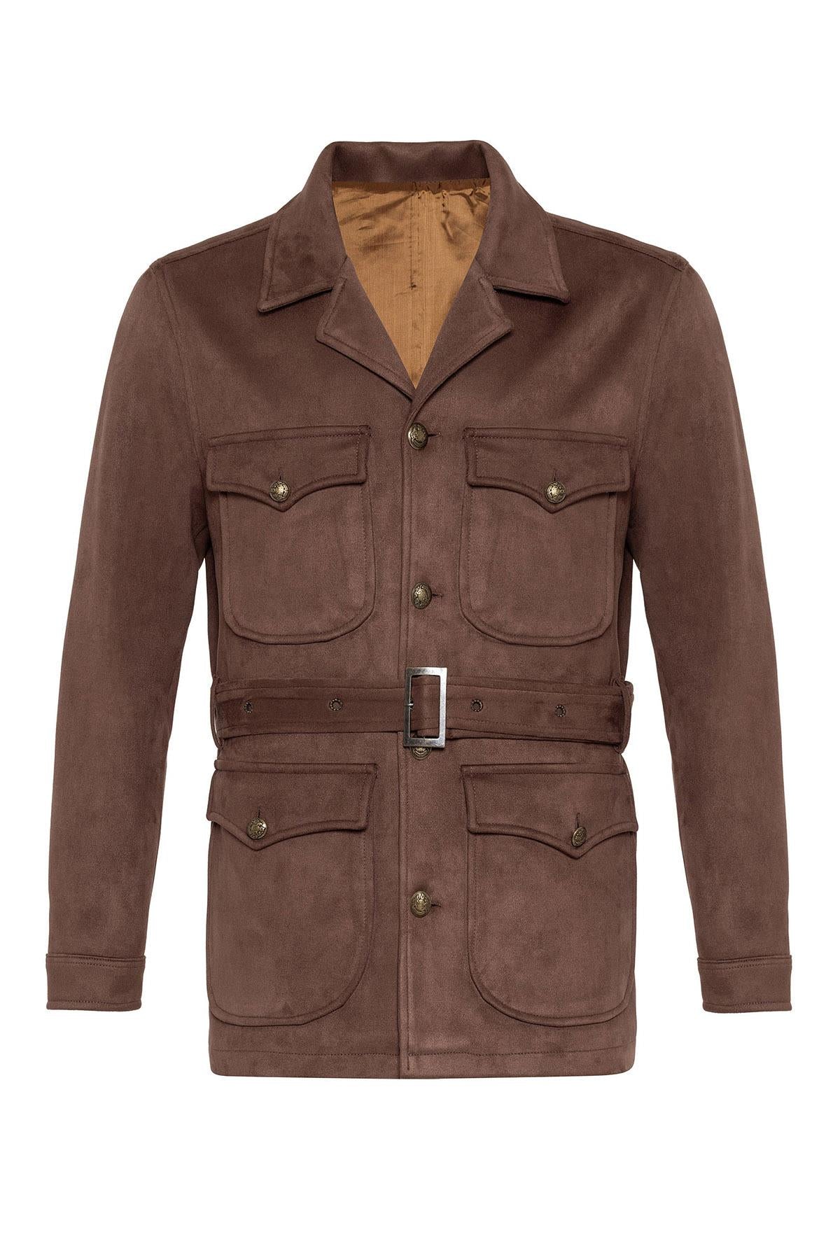 Men's Dark Brown Slim Fit Belted Suede Coat