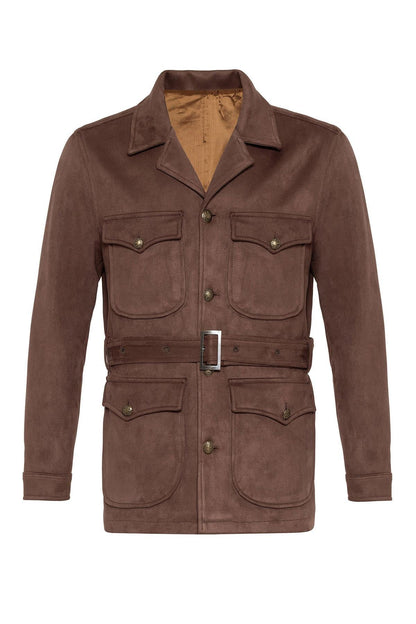 Men's Dark Brown Slim Fit Belted Suede Coat