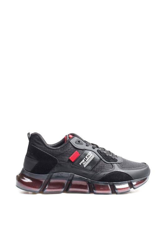 Men's Black Athletic Sneakers with Transparent Sole and Red Accents