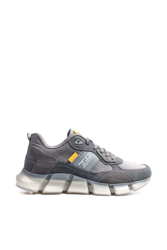 Men's Gray Athletic Sneakers with Transparent Sole and Yellow Accents