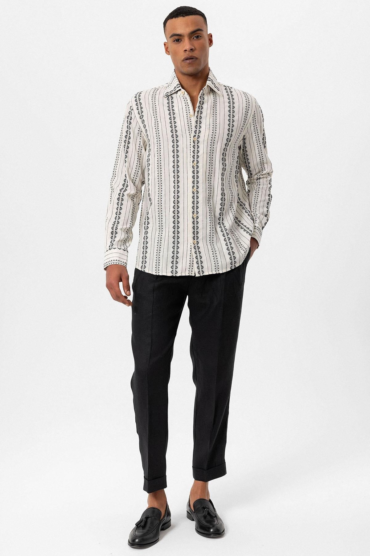 Men's Black Ethnic Design Long Sleeve Shirt -