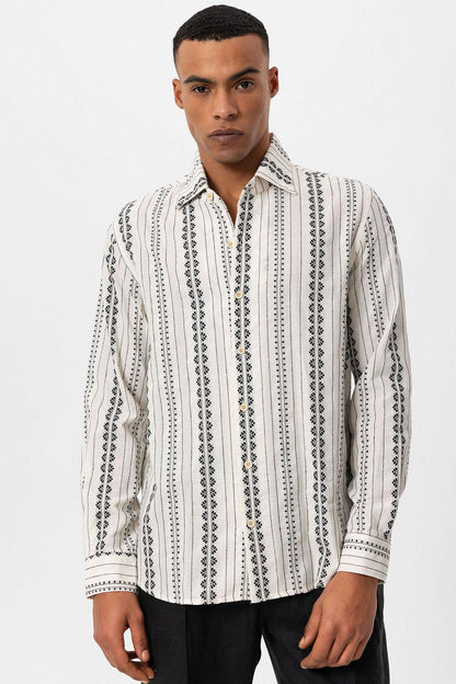Men's Black Ethnic Design Long Sleeve Shirt