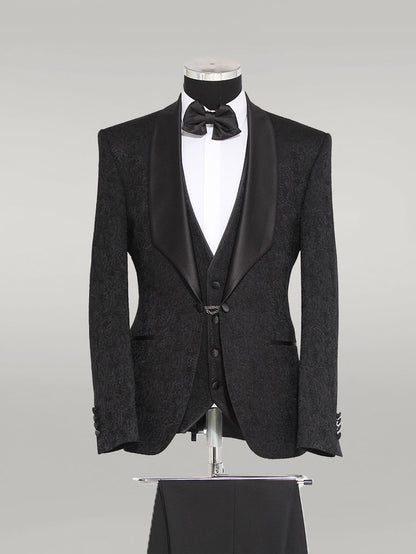KOALA SYDNEY  3-Piece Patterned Single Button Satin Lapel Black Men's Tuxedo with Bow Tie -
