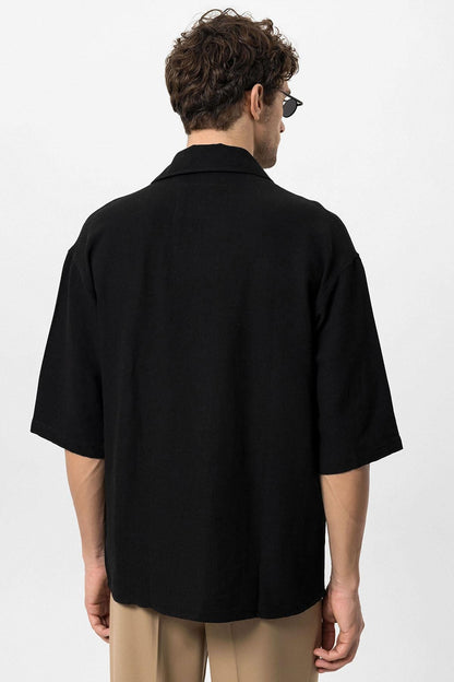 Men's Black Elbow-Length Sleeve Hidden Button Closure Oversize Shirt -