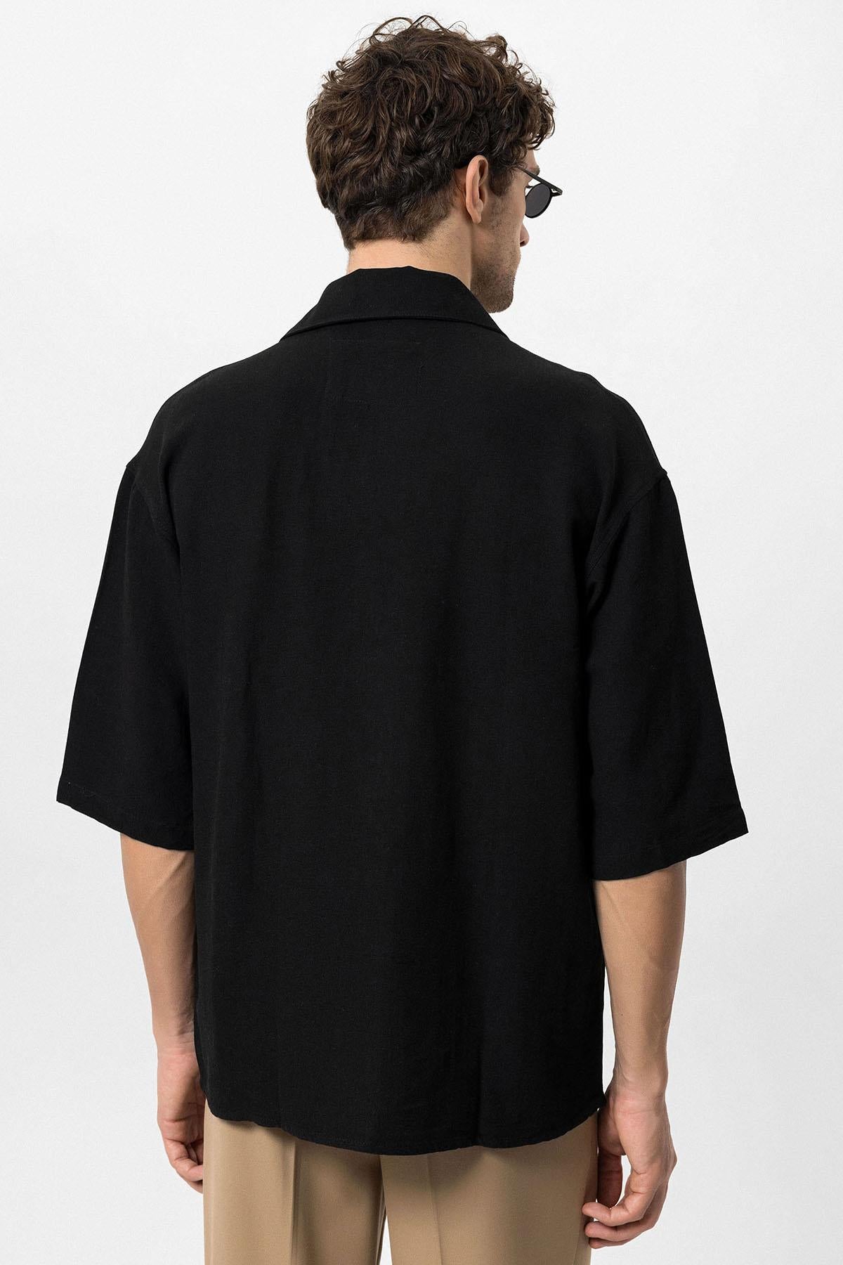 Men's Black Elbow-Length Sleeve Hidden Button Closure Oversize Shirt