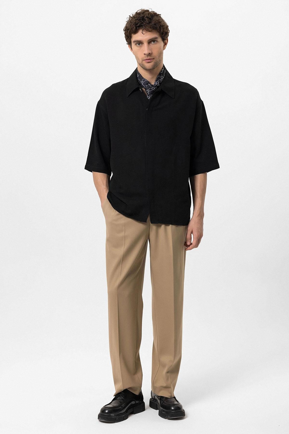 Men's Black Elbow-Length Sleeve Hidden Button Closure Oversize Shirt -