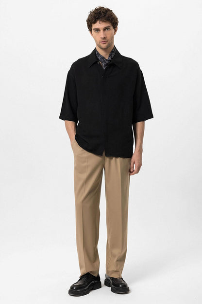 Men's Black Elbow-Length Sleeve Hidden Button Closure Oversize Shirt