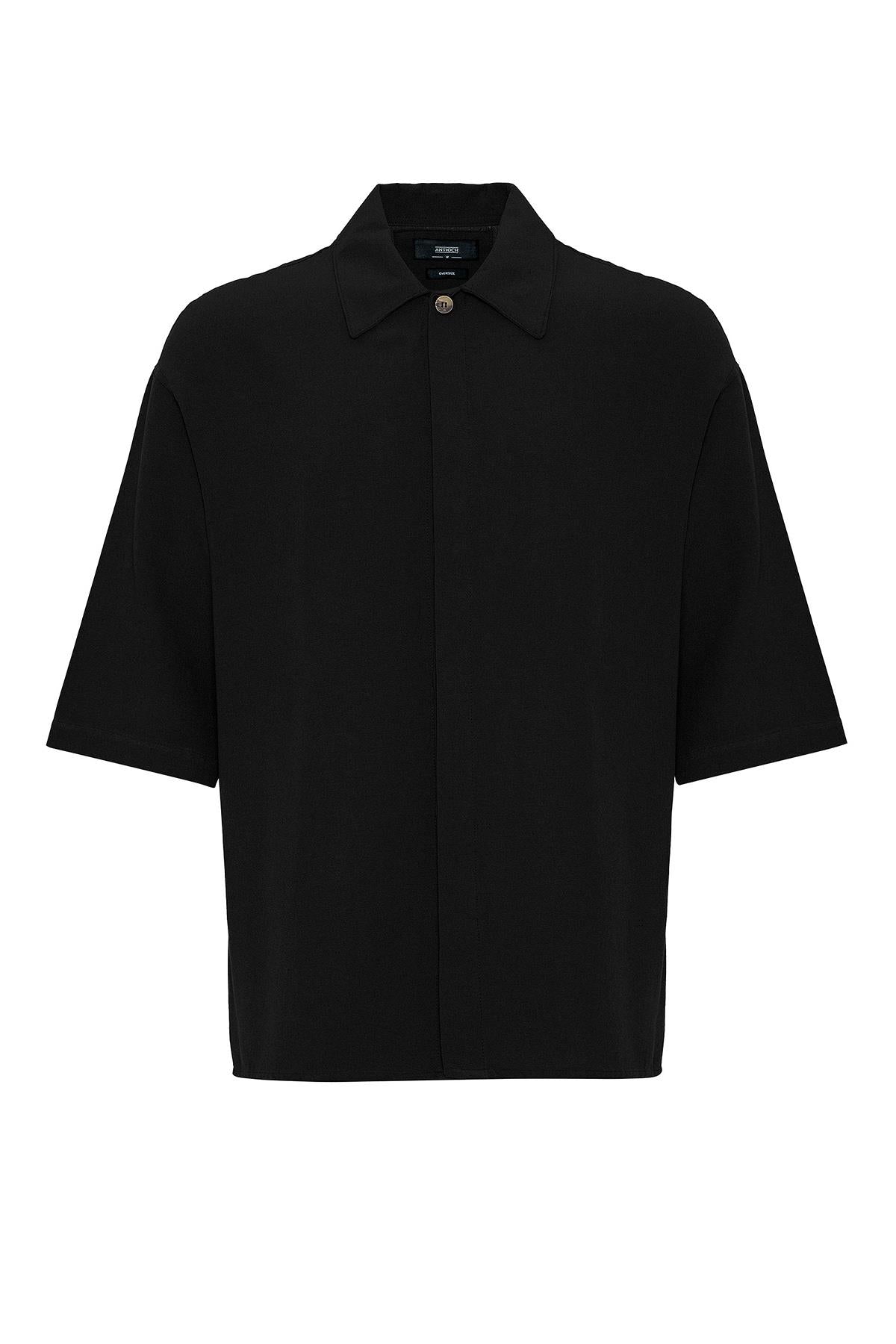 Men's Black Elbow-Length Sleeve Hidden Button Closure Oversize Shirt