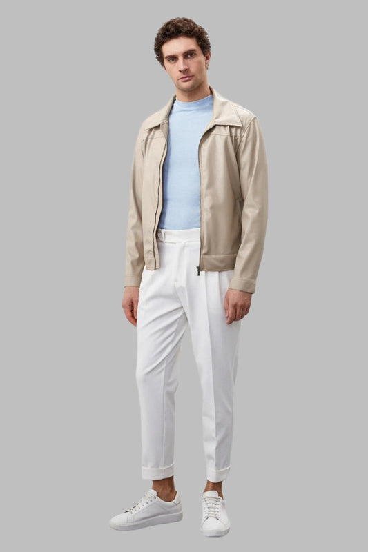 Men's Beige Zippered Faux Leather Coat