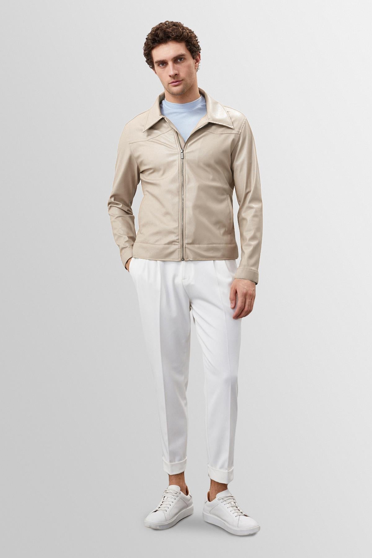 Men's Beige Zippered Faux Leather Coat