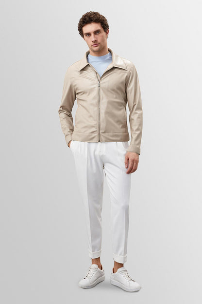 Men's Beige Zippered Faux Leather Coat