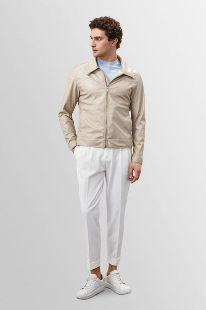 Men's Beige Zippered Faux Leather Coat