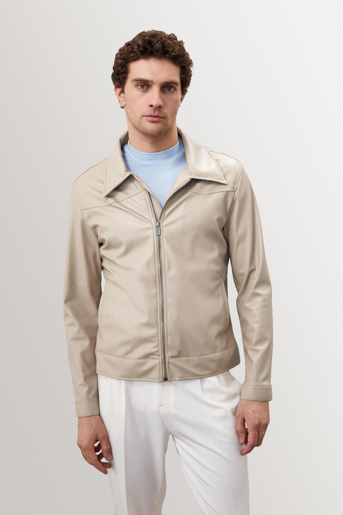 Men's Beige Zippered Faux Leather Coat
