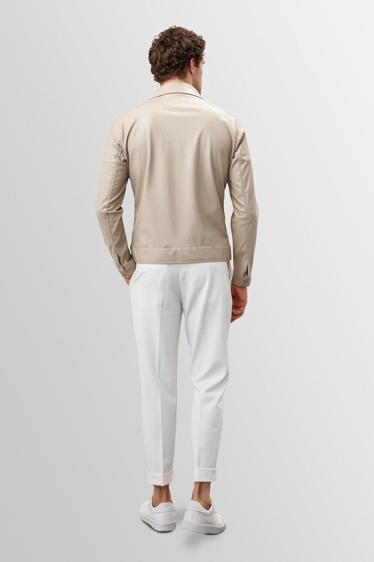 Men's Beige Zippered Faux Leather Coat