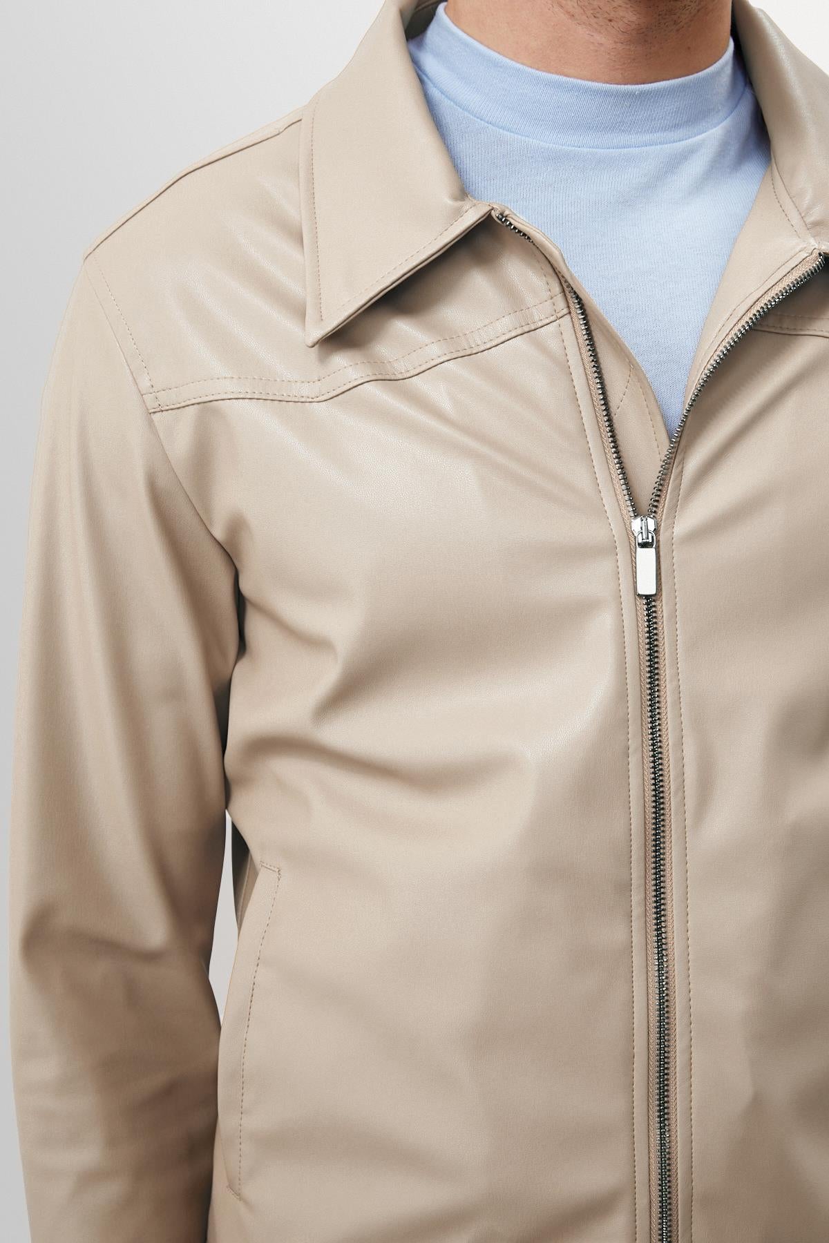 Men's Beige Zippered Faux Leather Coat