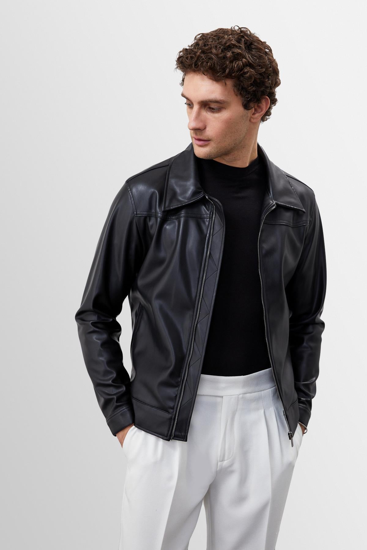 Men's Black Zippered Faux Leather Coat