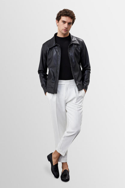Men's Black Zippered Faux Leather Coat