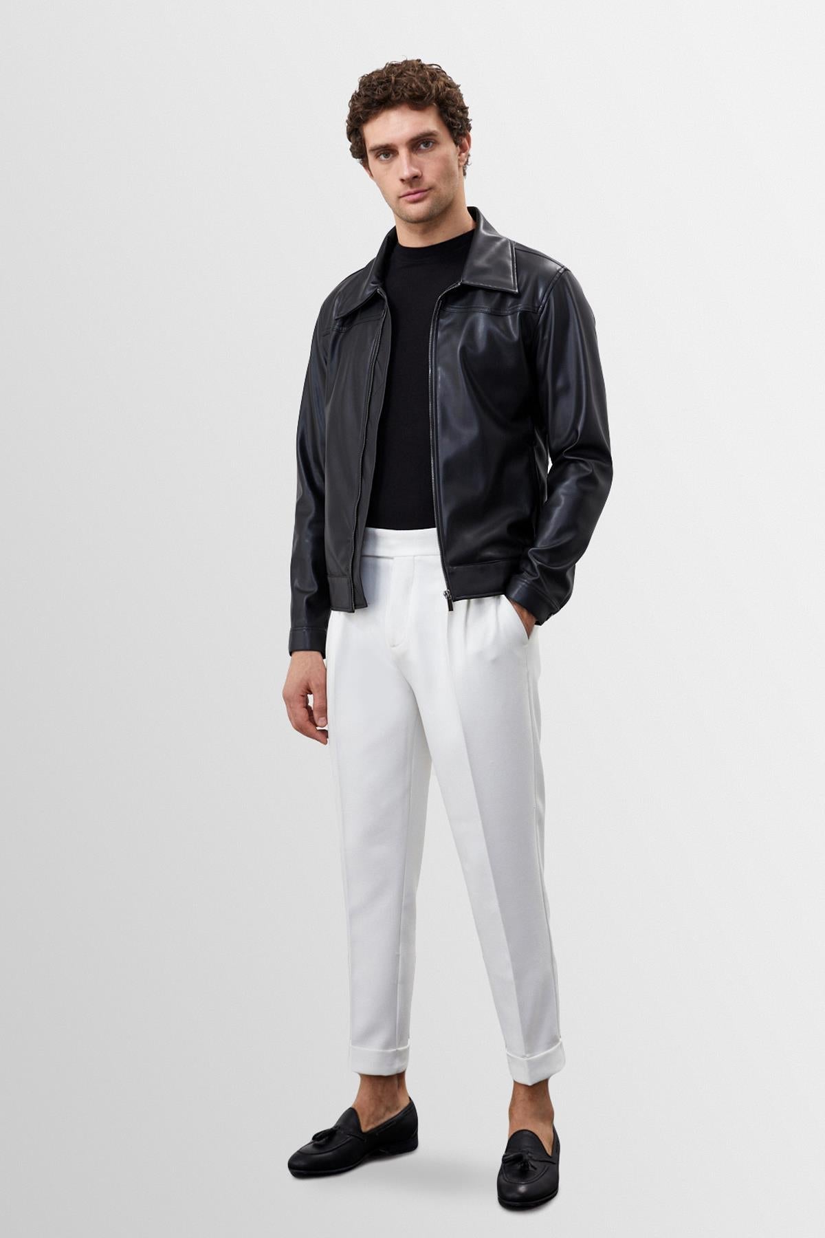 Men's Black Zippered Faux Leather Coat