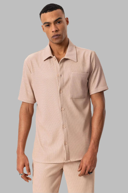Men's Beige Short-Sleeve Ribbed Shirt -
