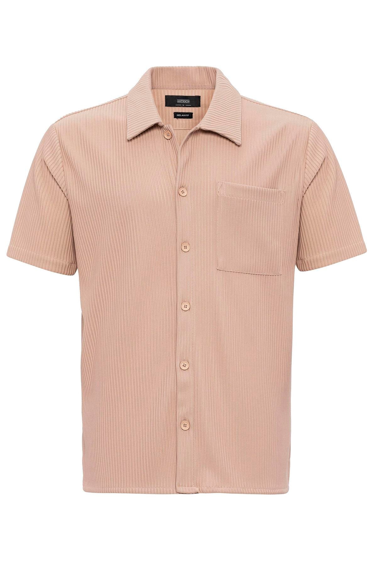 Men's Beige Short-Sleeve Ribbed Shirt -