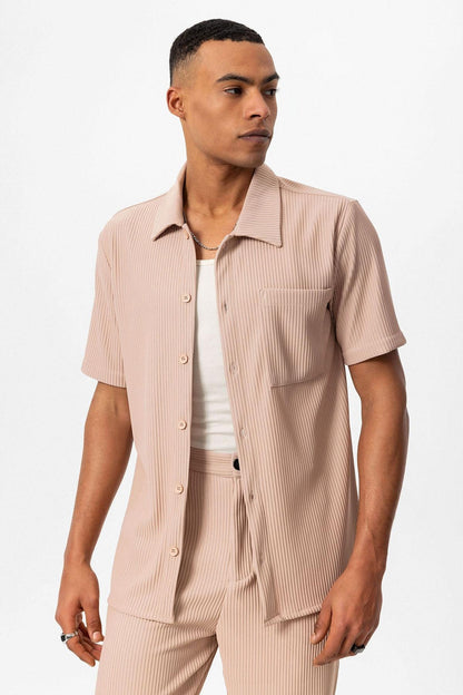 Men's Beige Short-Sleeve Ribbed Shirt