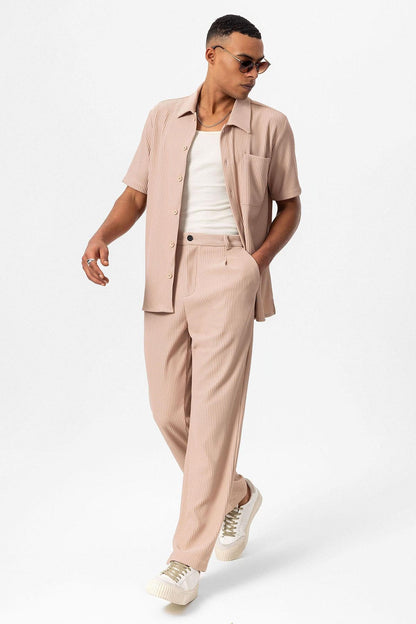 Men's Beige Short-Sleeve Ribbed Shirt