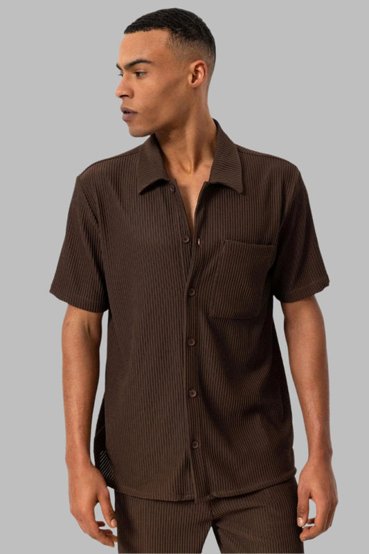 Men's Brown Short-Sleeve Ribbed Shirt -