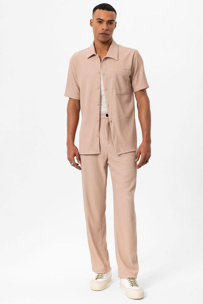 Men's Beige Short-Sleeve Ribbed Shirt