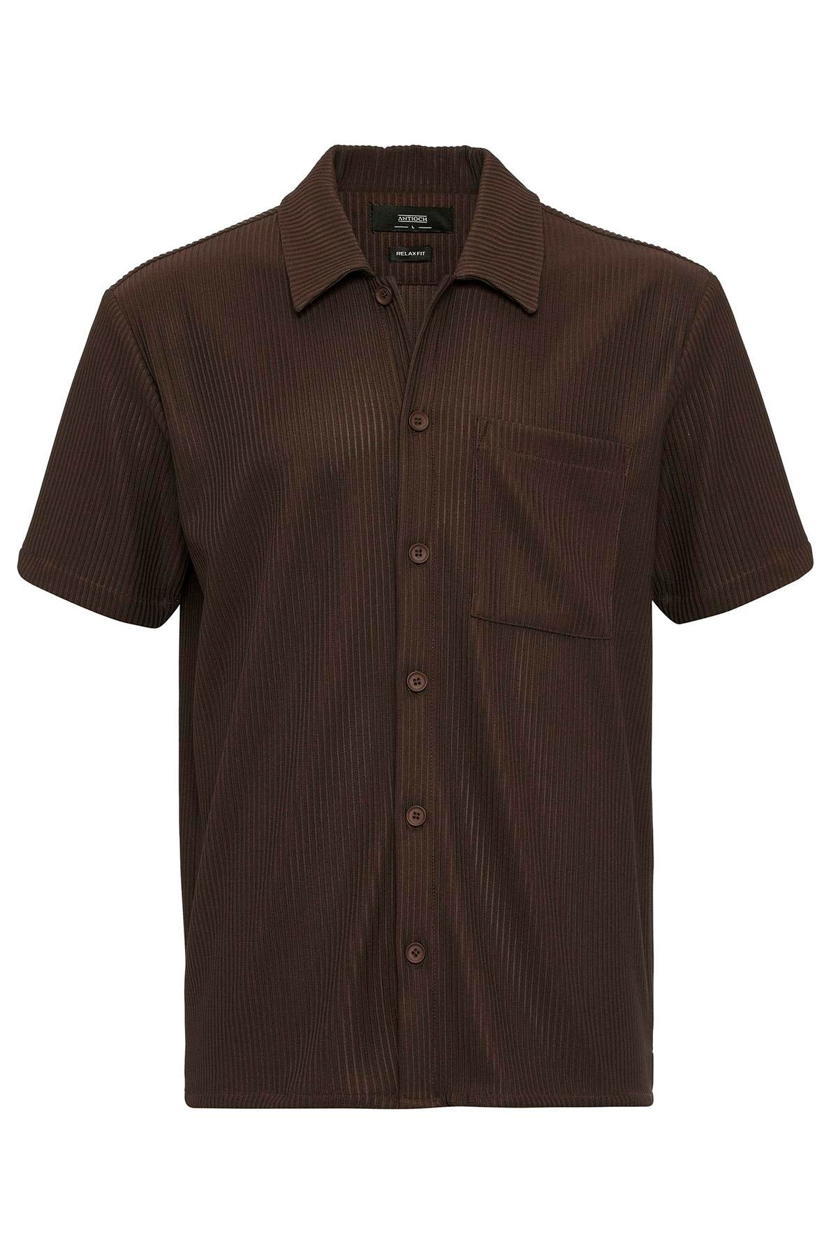 Men's Brown Short-Sleeve Ribbed Shirt