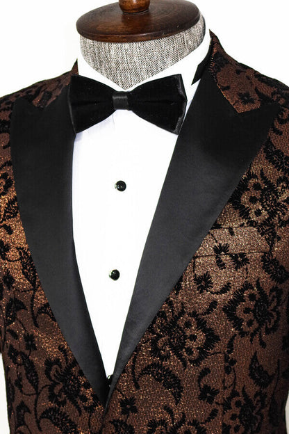 Floral Patterned Peak Lapel Gold Men Singer Party Blazer -