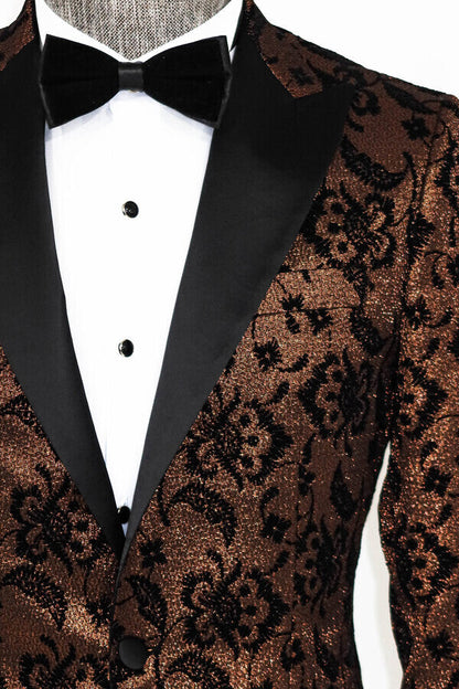 Floral Patterned Peak Lapel Gold Men Singer Party Blazer -