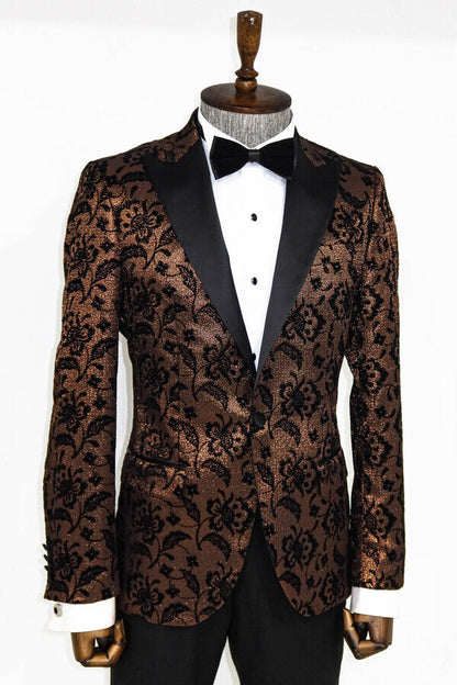 Floral Patterned Peak Lapel Gold Men Singer Party Blazer -