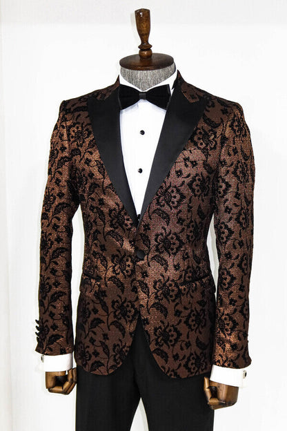 Floral Patterned Peak Lapel Gold Men Singer Party Blazer -
