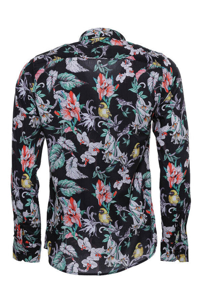 Floral Patterned Slim Fit Long Sleeves Black Men Shirt -