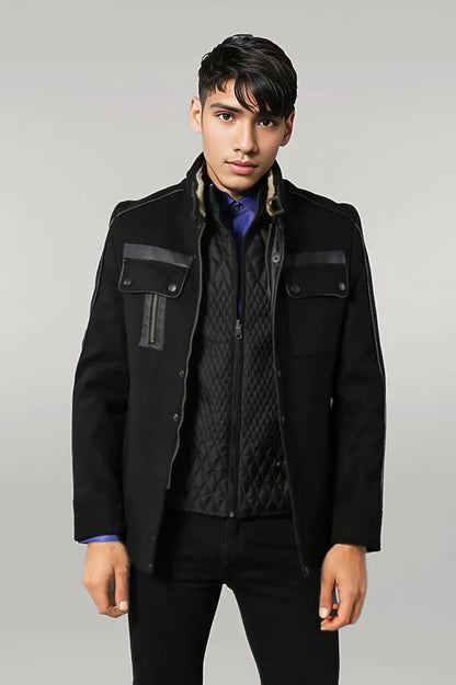 Fur Collar 4 Pockets Black Men Coat