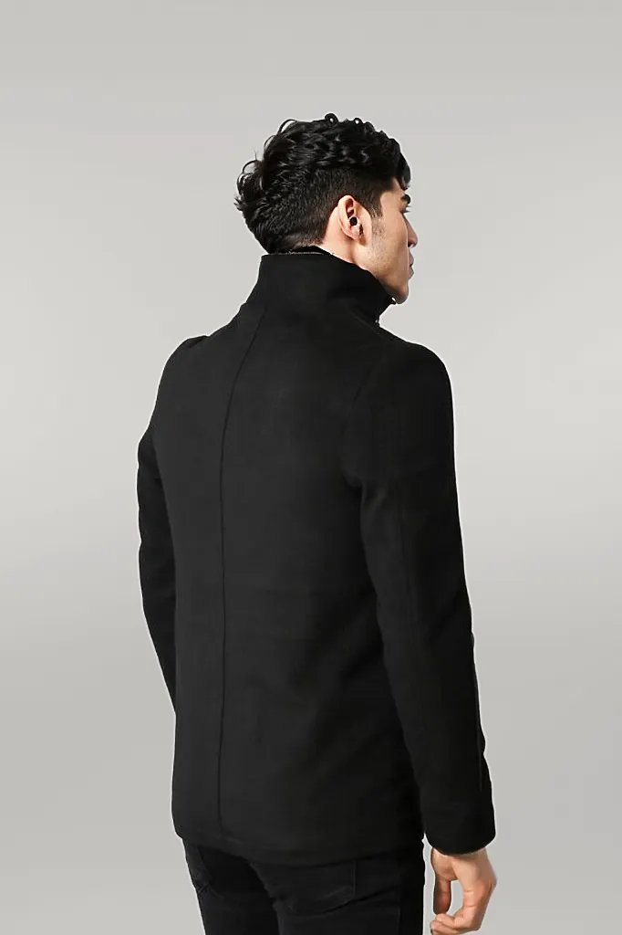 Fur Collar 4 Pockets Black Men Coat
