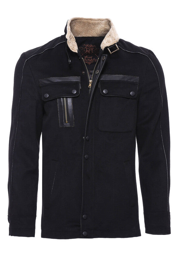 Fur Collar 4 Pockets Black Men Coat