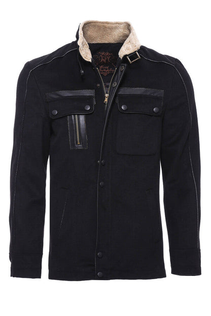 Fur Collar 4 Pockets Black Men Coat