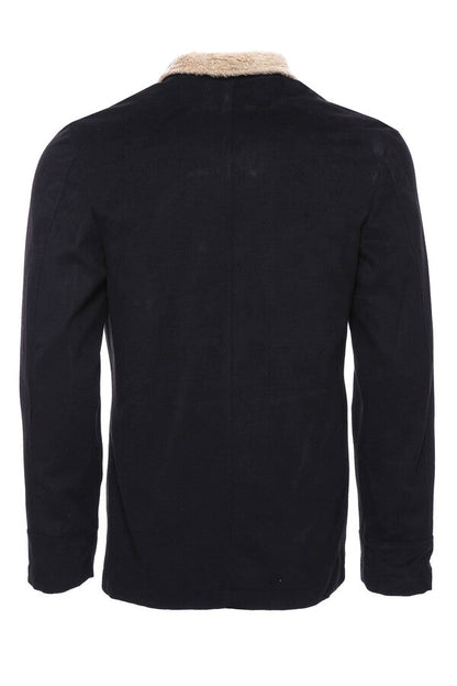 Fur Collar 4 Pockets Black Men Coat