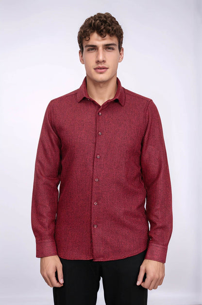 Slim Fit Cotton Plain Burgundy Men Lumberjack Shirt - Wessi