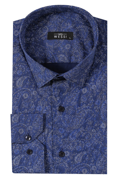 Damask Pattern Long Sleeves Men Blue Shirt