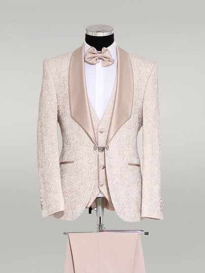 KOALA SYDNEY  3-Piece Patterned Single Button Satin Lapel Cream Men's Tuxedo with Bow Tie -
