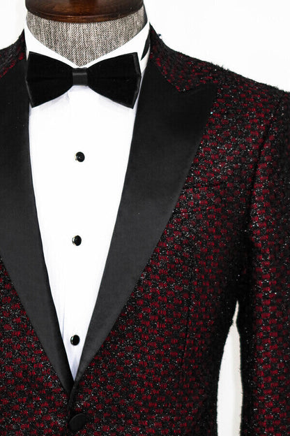 KOALA SYDNEY  Gingham Patterned Glittery Burgundy Men Prom Party Blazer -