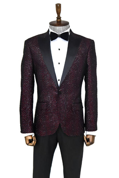 KOALA SYDNEY  Gingham Patterned Glittery Burgundy Men Prom Party Blazer -