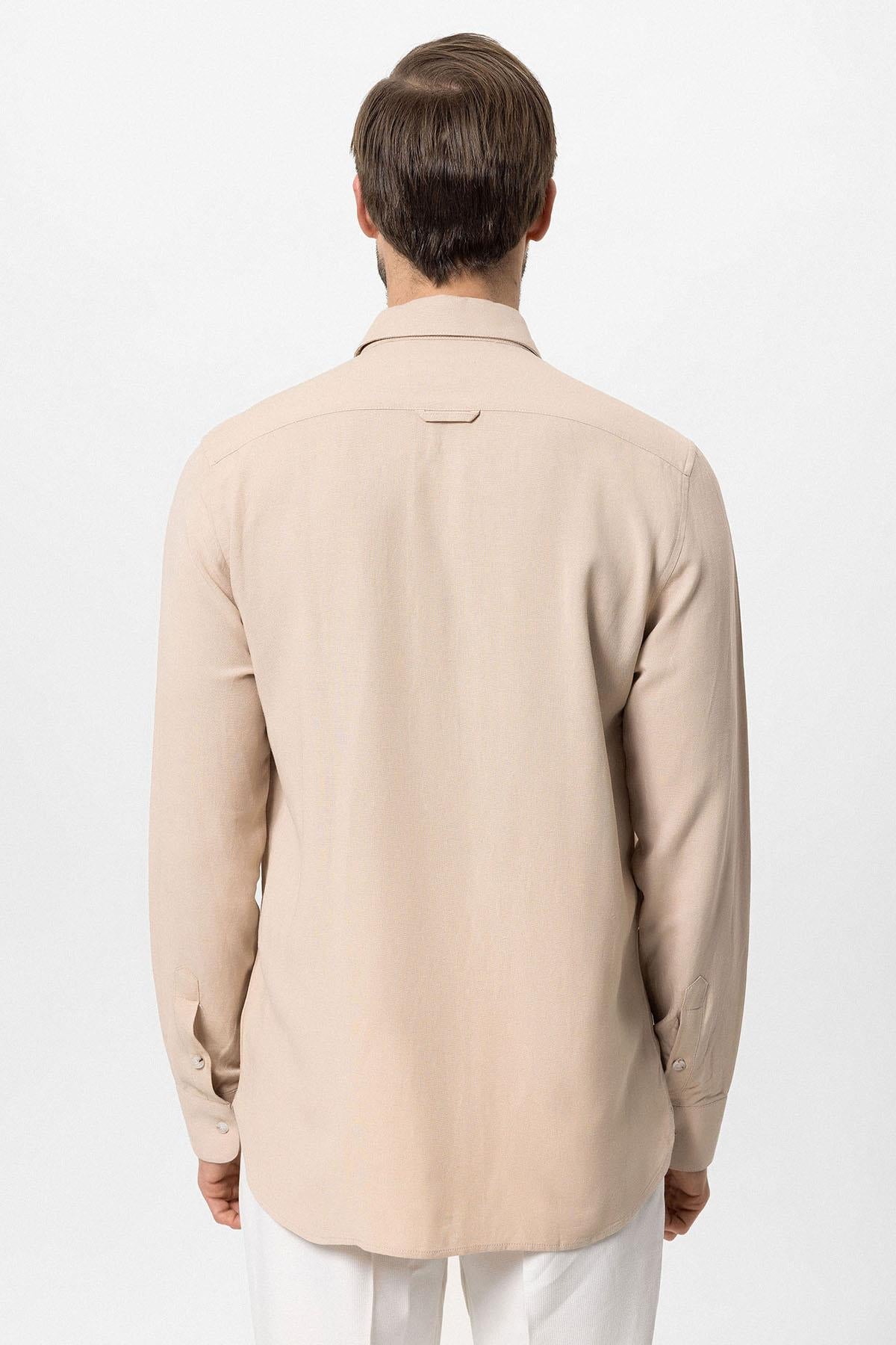 Men's Beige Hidden Button Linen Blend Shirt -